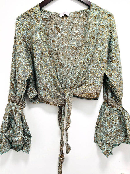 70s Silk Bell Sleeve Wrap Top | Boho Festival Crop Blouse