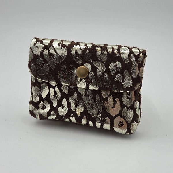 Mini animal print foil suede coin and card purse with zip
