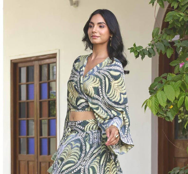 Green Palm Print Boho Wrap Top | Bell Sleeve Blouse