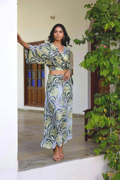 Green Palm Print Maxi Skirt | Boho Resort Skirt with Pockets