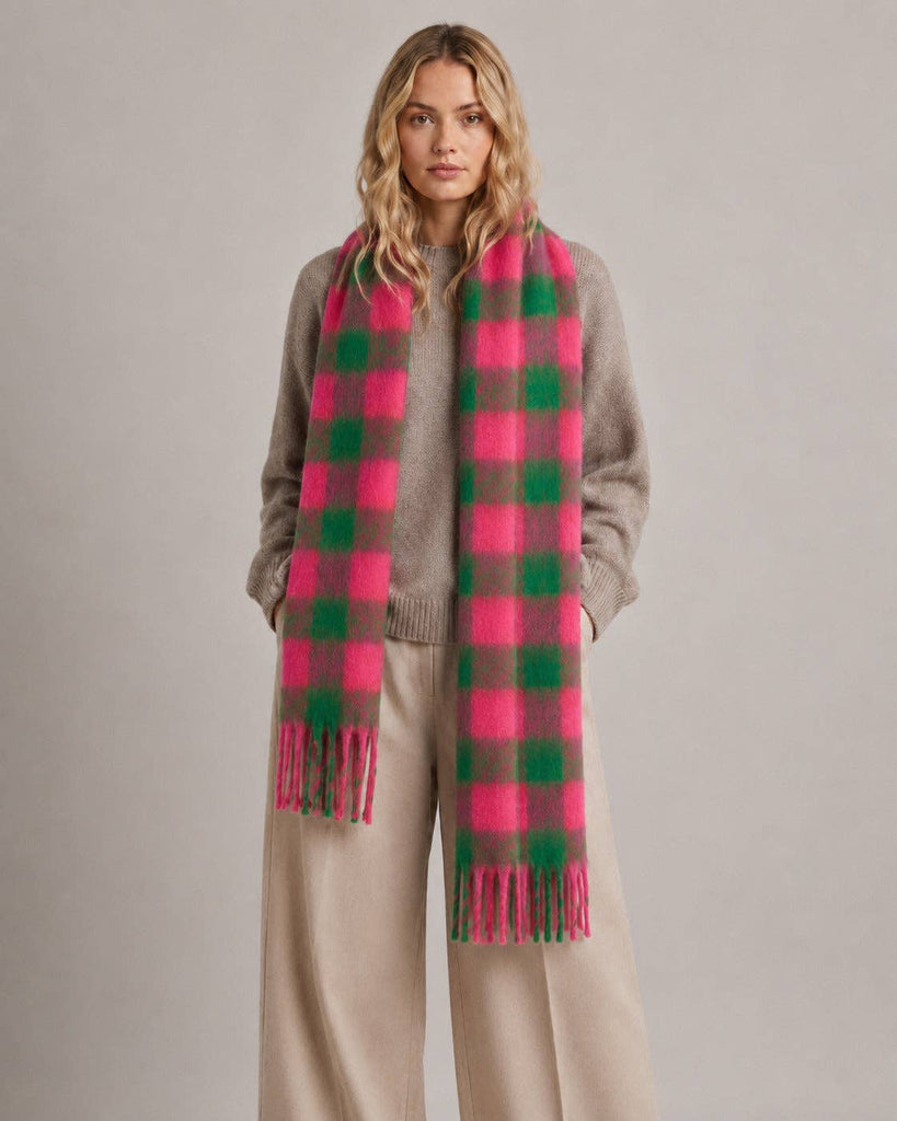 Joey Heavyweight Scarf- Green/pink, Square Check