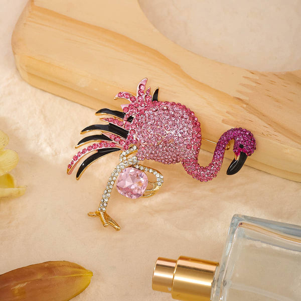 Crystal Flamingo Brooch in Hot Pink