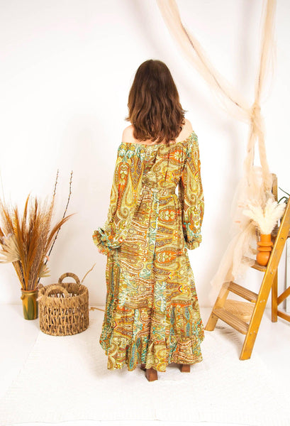 Rustic Print Boho Maxi Dress | Tiered Long Sleeve