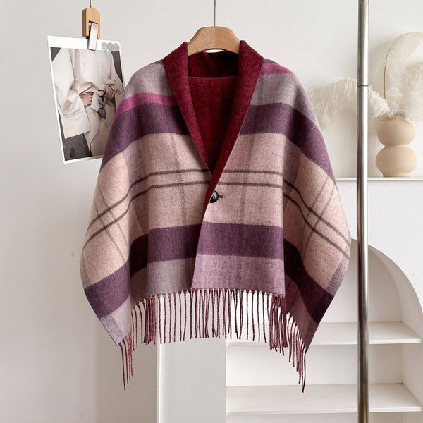 Light  Plaid Fringe Poncho Cape Wrap