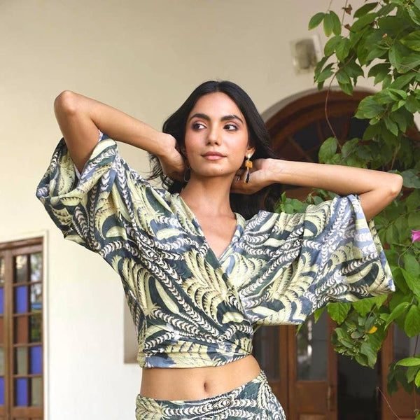 Green Palm Print Boho Wrap Top | Bell Sleeve Blouse
