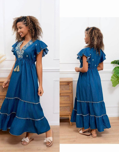 Denim Embellished Maxi Dress