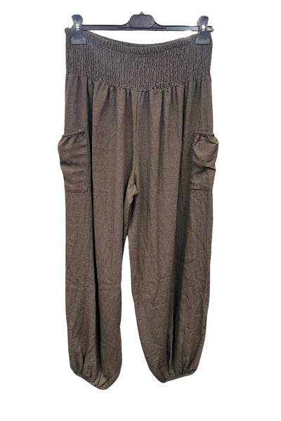 Italian Shirred Elasticated Waist Front Pocket Cuffed Ankle Trousers