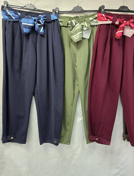 Gold Button Carrot Cotton Belt Trousers