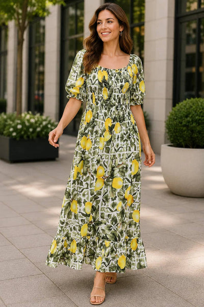 Italian Womens Lemon Print Shirred Midi Dress –  Summer Dress