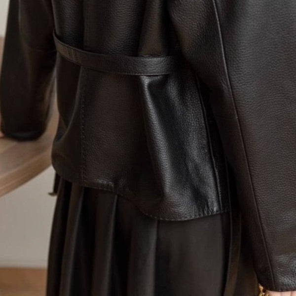Black Chic Belted Faux Buttonless Leather Kimono Jacket