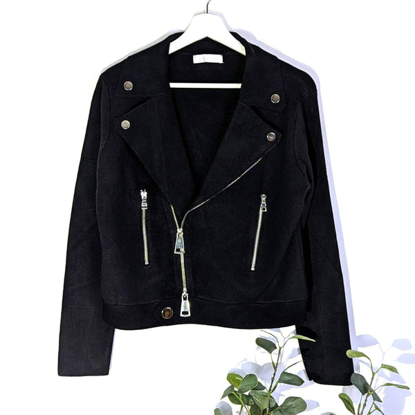 Luxe biker style fine knitted jacket with shiny silver hardware