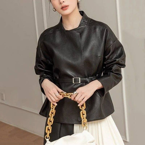Black Chic Belted Faux Buttonless Leather Kimono Jacket