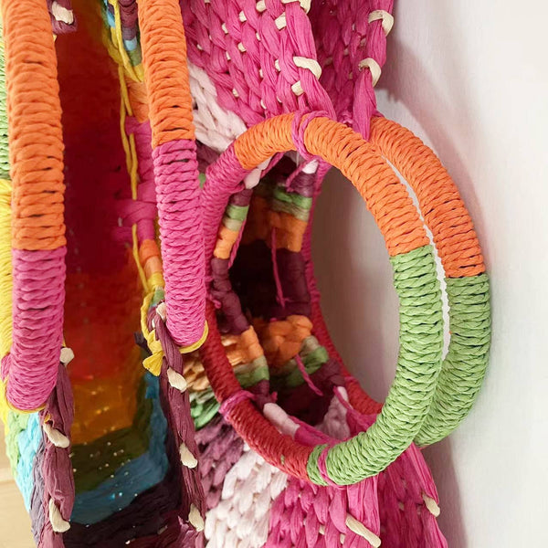 Rainbow Raffia Handbag with Circular Handles