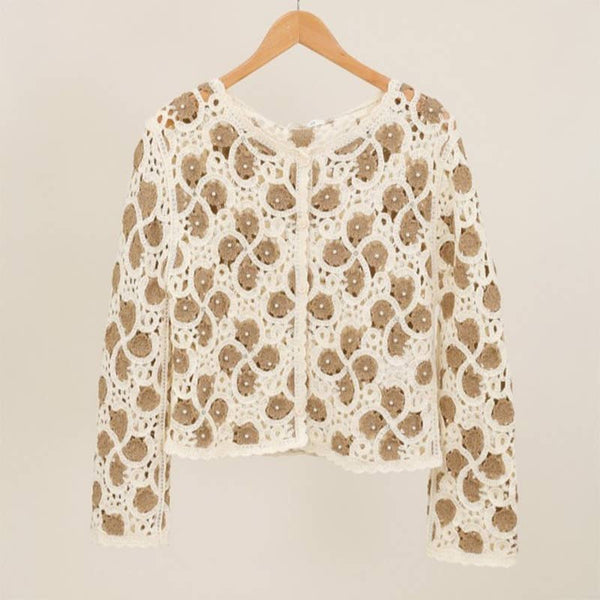 Floral Crochet Cardigan with Pearl Accents