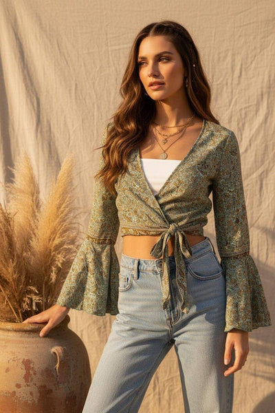 70s Silk Bell Sleeve Wrap Top | Boho Festival Crop Blouse