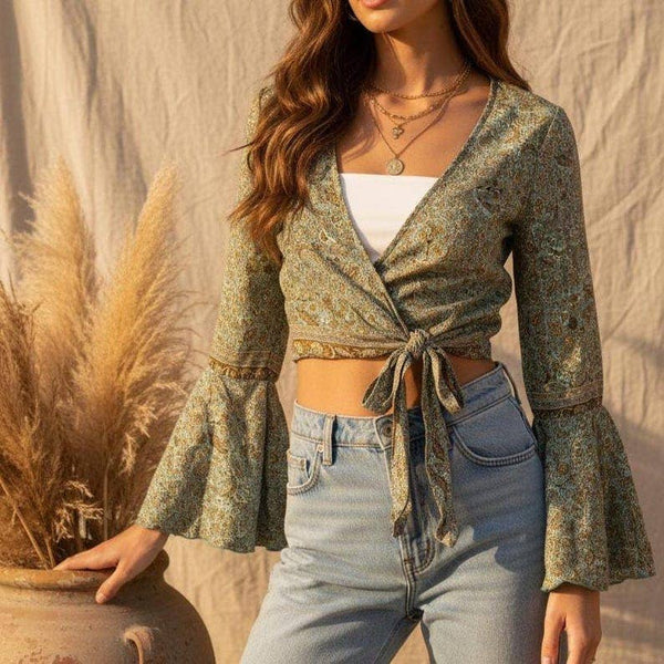 70s Silk Bell Sleeve Wrap Top | Boho Festival Crop Blouse