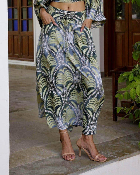 Green Palm Print Maxi Skirt | Boho Resort Skirt with Pockets