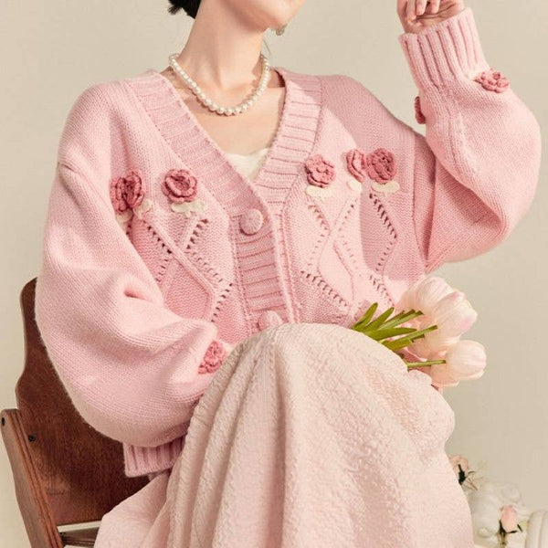 Pink Dreamy Rose Garden Chunky Cardigan