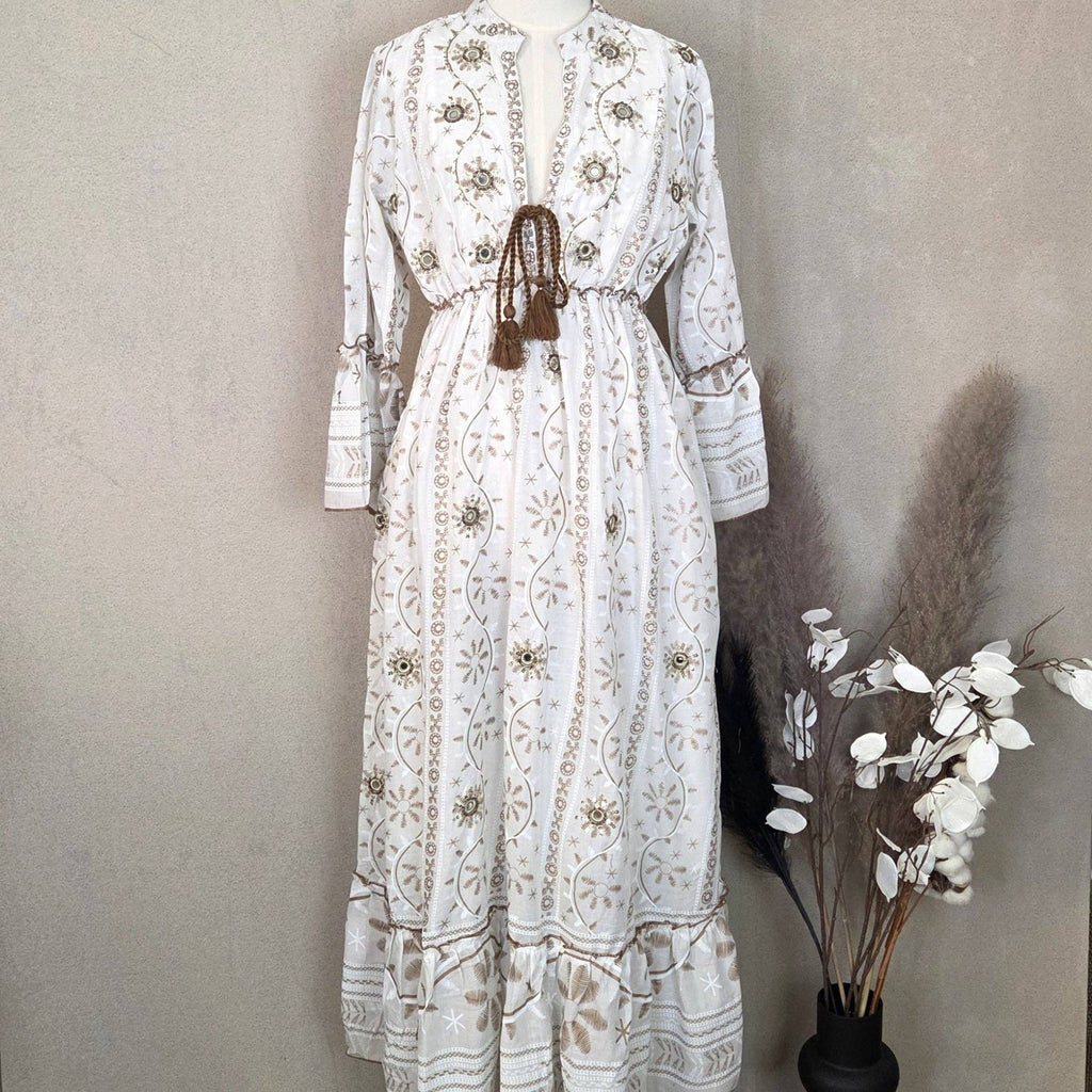 Long boho dress with sleeves, tie, Indian style print and sequin detail