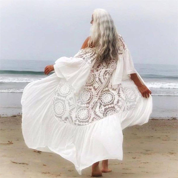 White Lace Crochet Beach Cover-Up Kimono