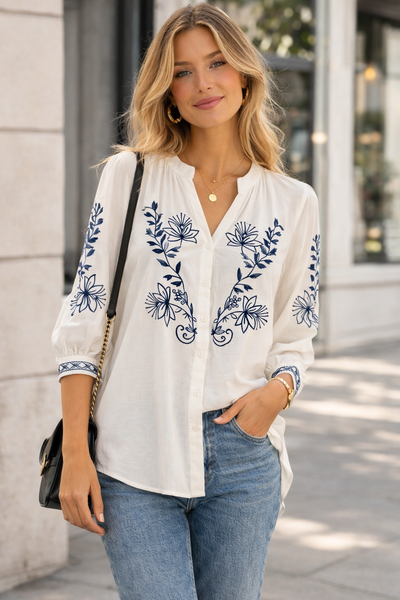 Embroidery Button Tunic Top