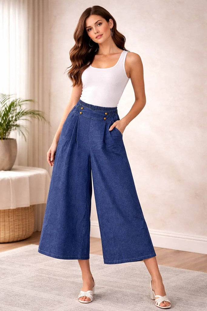 Italian Womens High-Waist Denim Culottes with Button Detail and Elasticated Back