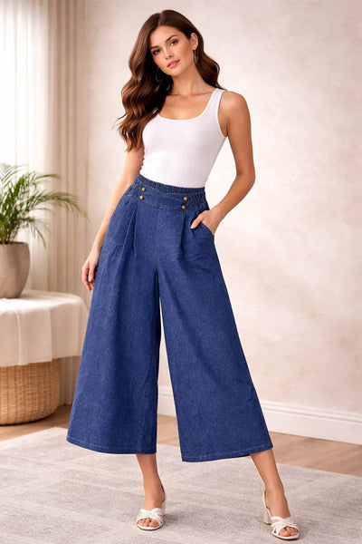 Italian Womens High-Waist Denim Culottes with Button Detail and Elasticated Back