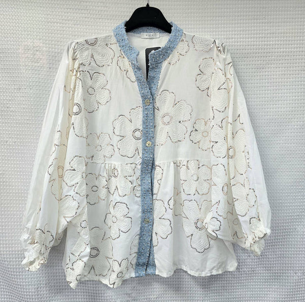 Sequin Contrast Poppy Embellished Shirt with Denim Trim