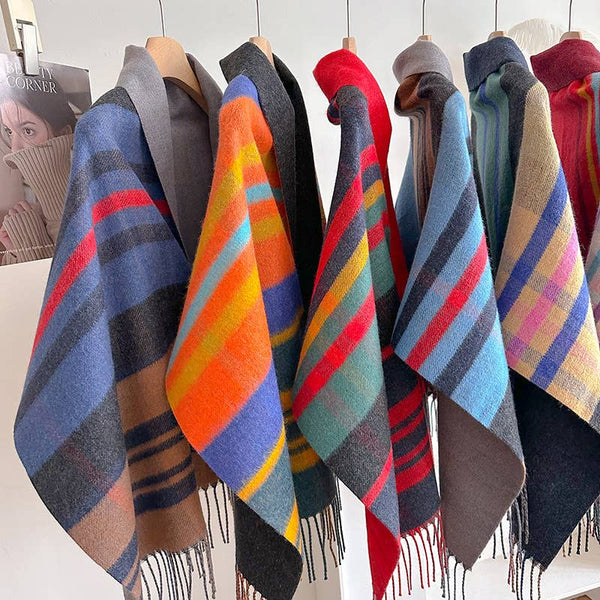 Light  Plaid Fringe Poncho Cape Wrap