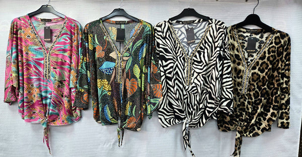 Printed V Diamante Trim Tie Slinky Blouse