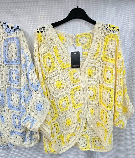Contrast Crochet Cotton Curved Hem Cardigan