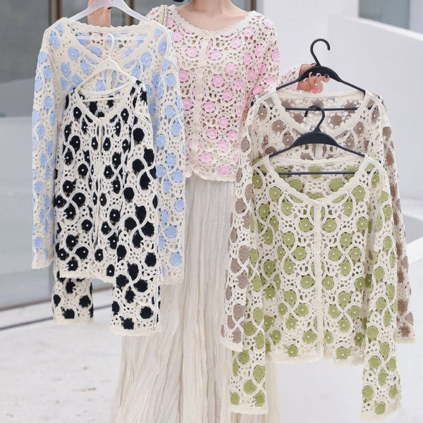 Floral Crochet Cardigan with Pearl Accents
