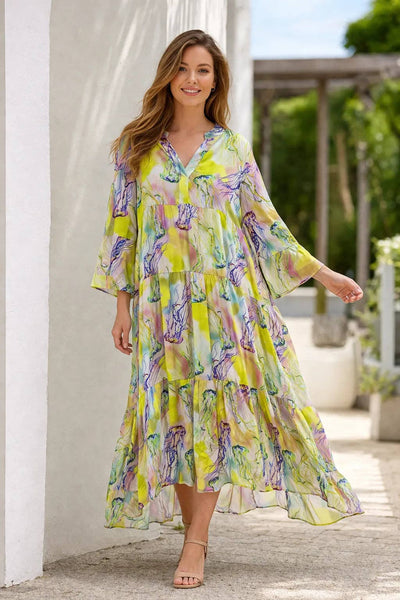 Italian Womens Tiered Maxi Dress – Watercolour Print V Neck Summer Dress UK 8–18