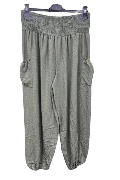 Italian Shirred Elasticated Waist Front Pocket Cuffed Ankle Trousers