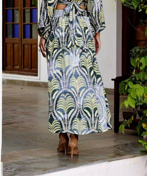 Green Palm Print Maxi Skirt | Boho Resort Skirt with Pockets