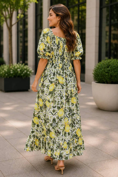 Italian Womens Lemon Print Shirred Midi Dress –  Summer Dress