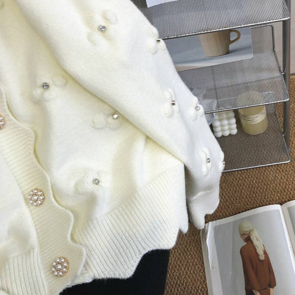 Scalloped Knit Cardigan with Pearl Floral Details