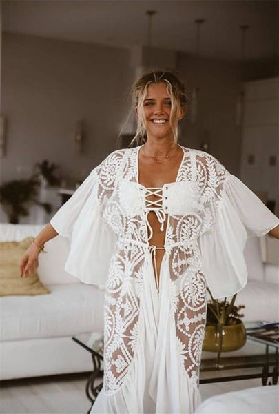 White Lace Crochet Beach Cover-Up Kimono