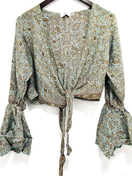 70s Silk Bell Sleeve Wrap Top | Boho Festival Crop Blouse