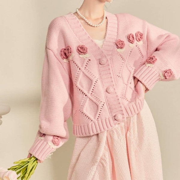 Pink Dreamy Rose Garden Chunky Cardigan