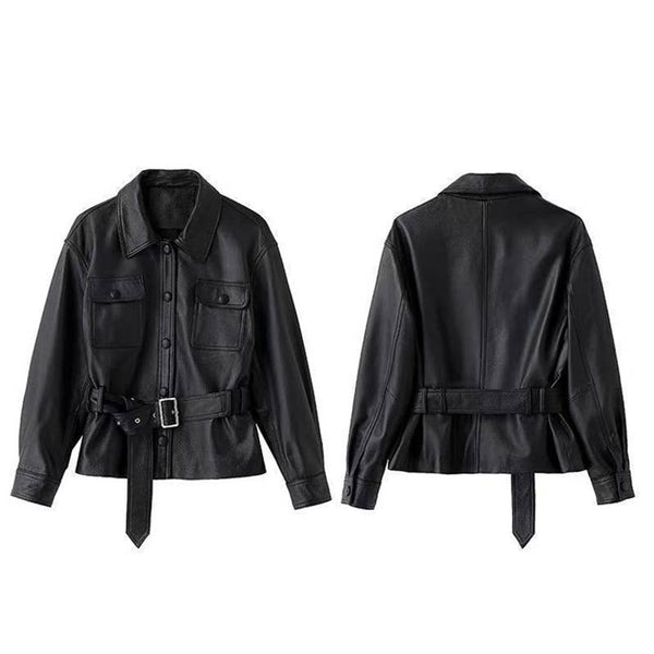 Black Chic Belted Faux Buttonless Leather Kimono Jacket