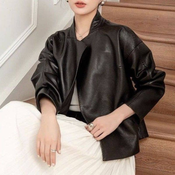 Black Chic Belted Faux Buttonless Leather Kimono Jacket