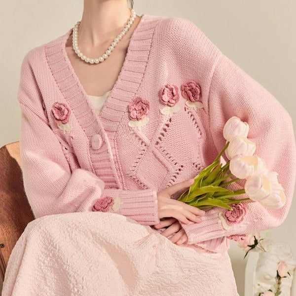 Pink Dreamy Rose Garden Chunky Cardigan