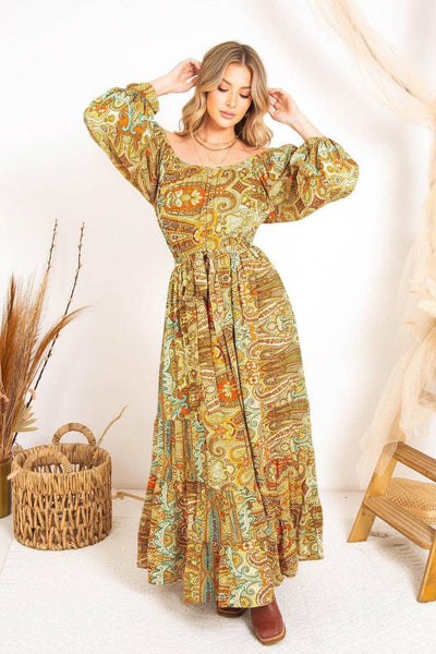 Rustic Print Boho Maxi Dress | Tiered Long Sleeve