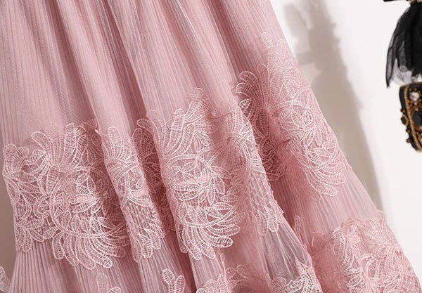 Lace & Tulle Midi Skirt in Pink