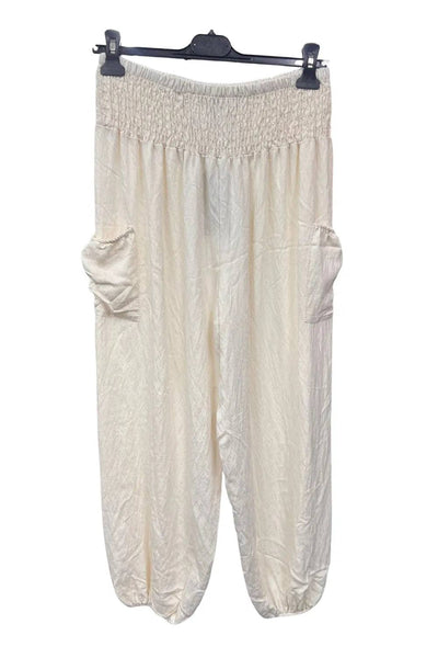 Italian Shirred Elasticated Waist Front Pocket Cuffed Ankle Trousers