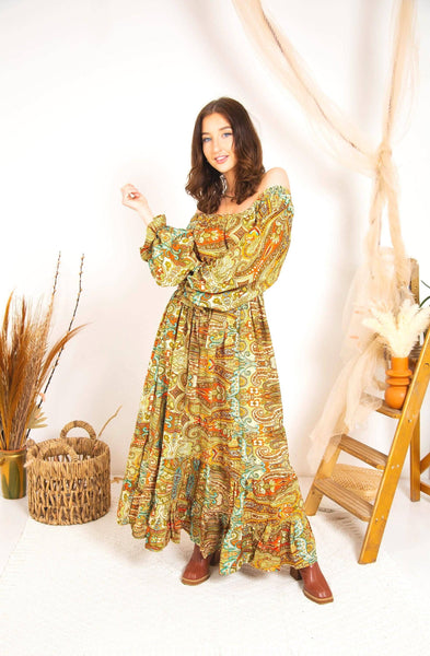 Rustic Print Boho Maxi Dress | Tiered Long Sleeve