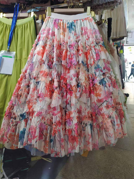 Ruffle Midi Skirt with Floral Print