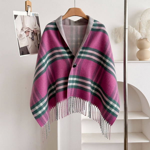 Light  Plaid Fringe Poncho Cape Wrap