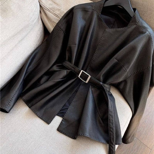 Black Chic Belted Faux Buttonless Leather Kimono Jacket